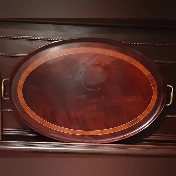 1894 - 1920 COWAN Chicago Brass & Mahogany Oval Serving Tray w/ Inlay A BEAUTY!